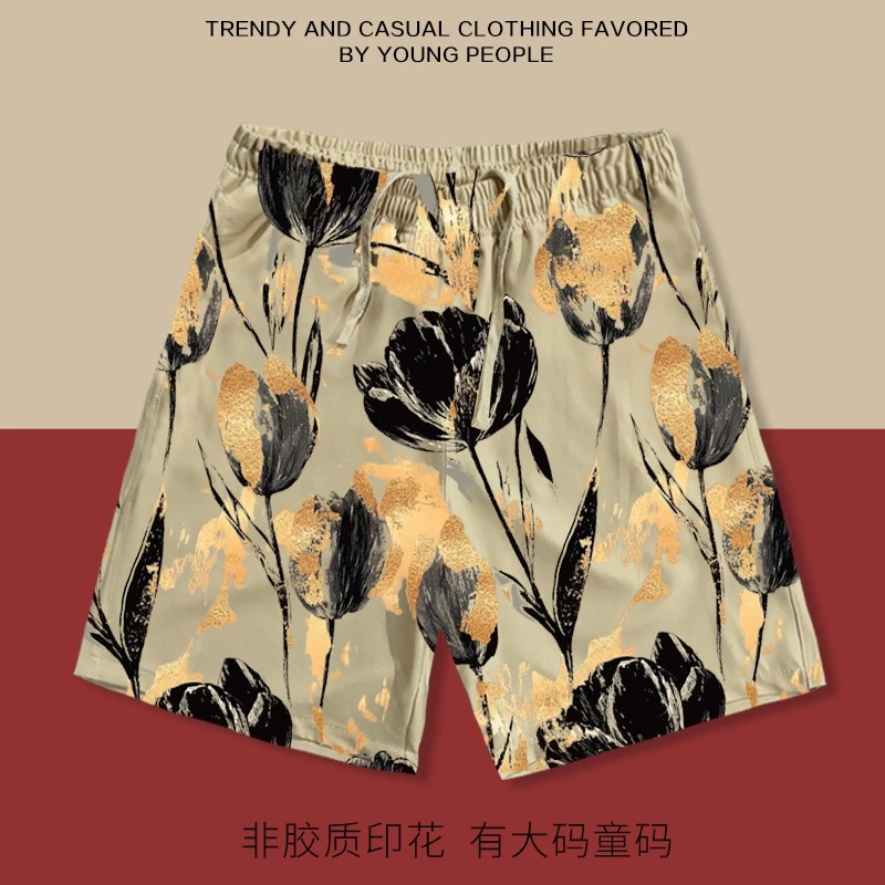 沙滩裤男可下水清爽树叶印花三亚风五分裤时尚休闲短裤加肥加大