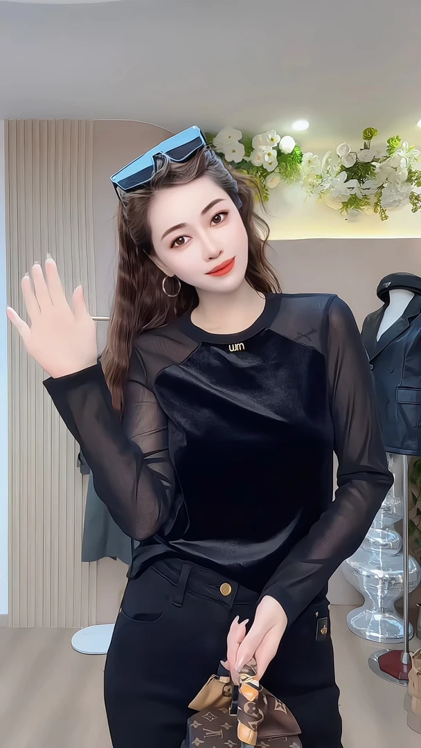 秋季新款时尚气质修身显瘦大码网纱拼接丝绒长袖T恤上衣打底衫女