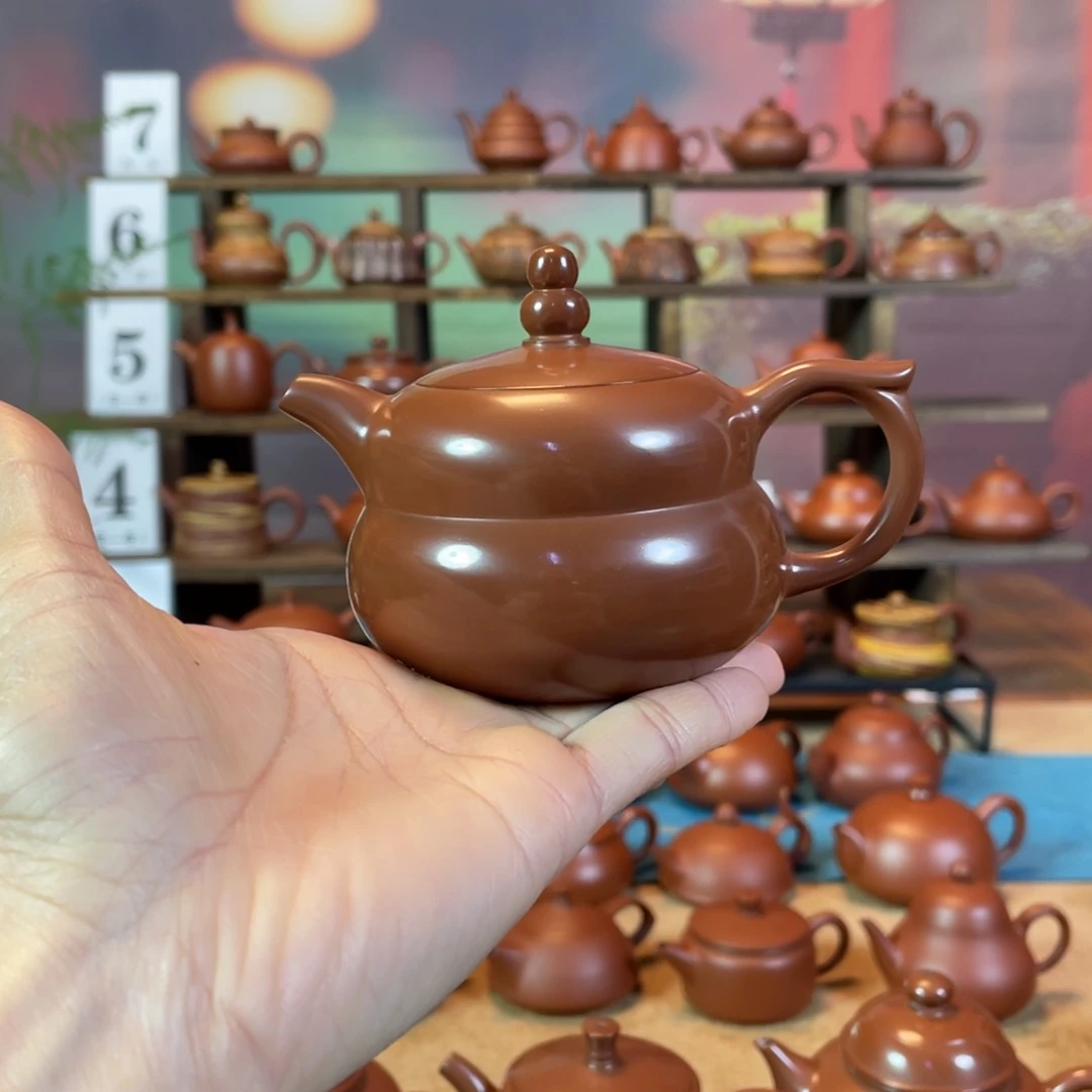 茶壶紫砂似**痕潮州手工手拉朱泥水磨葫芦壶