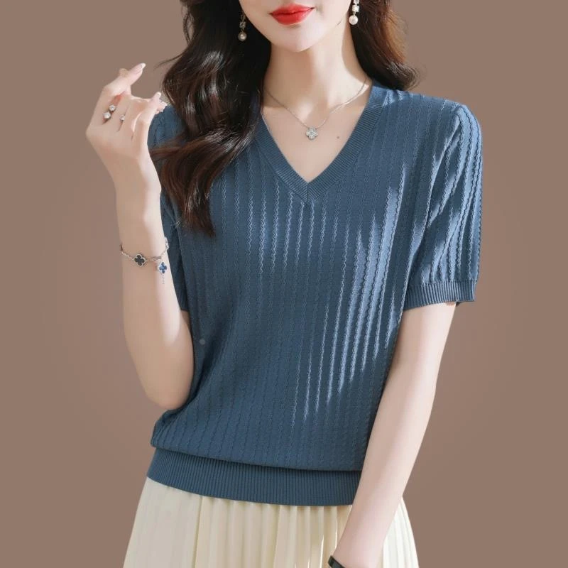 法乐琪高级感短袖t恤2025新款夏装v领女薄款宽松大码遮肚冰丝上衣