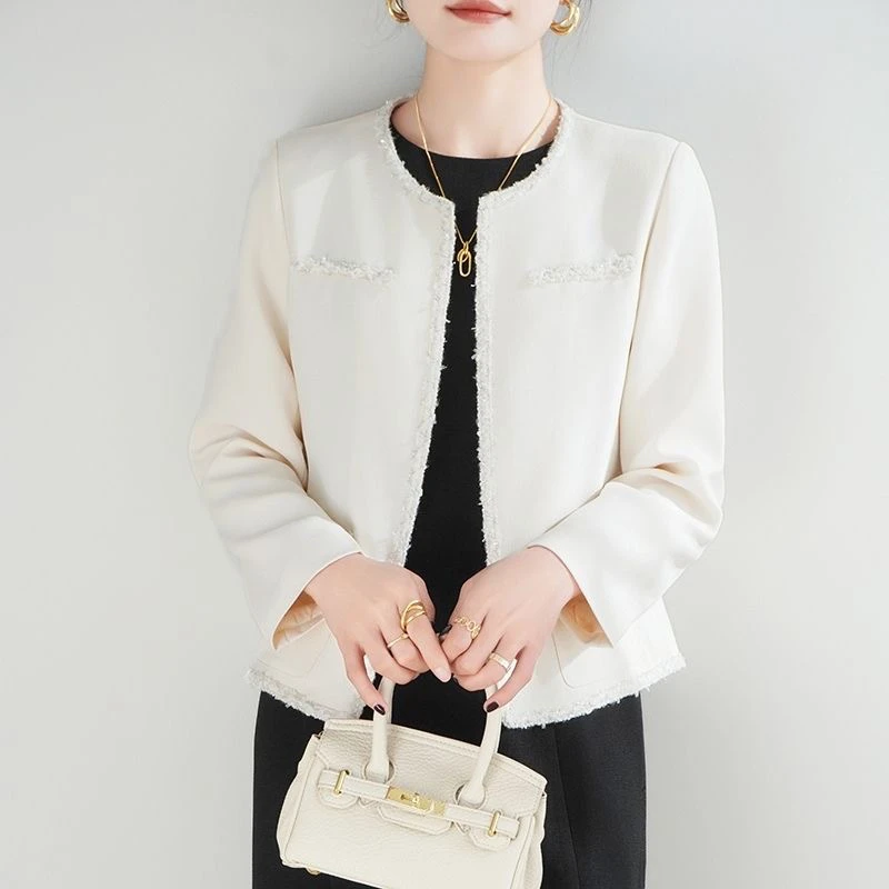 2025年春季新款香风圆领悠织竹节纹开衫亮丝织带宽松洋气衣服女