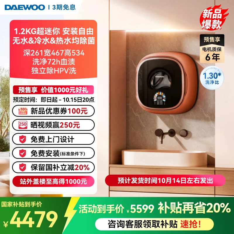 大宇小壁虎1.2kg小型迷你壁挂洗衣机儿童内衣裤洗烘一体BGX12H