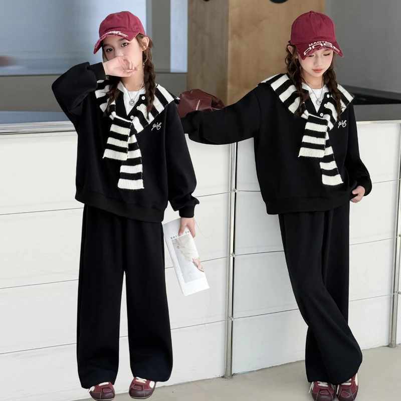 女童秋季爆款套装时尚披肩休闲卫衣套装中大童舒适套装女孩洋气装