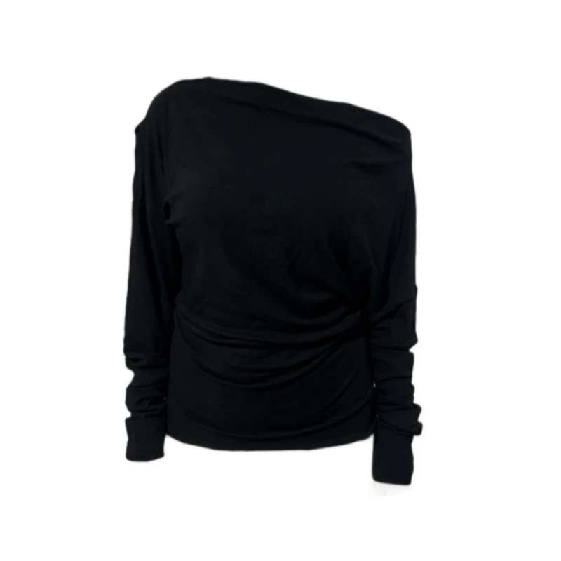 Amy家 微胖mm露肩掐腰显瘦打底衫女秋冬长袖T恤设计感别致上衣女