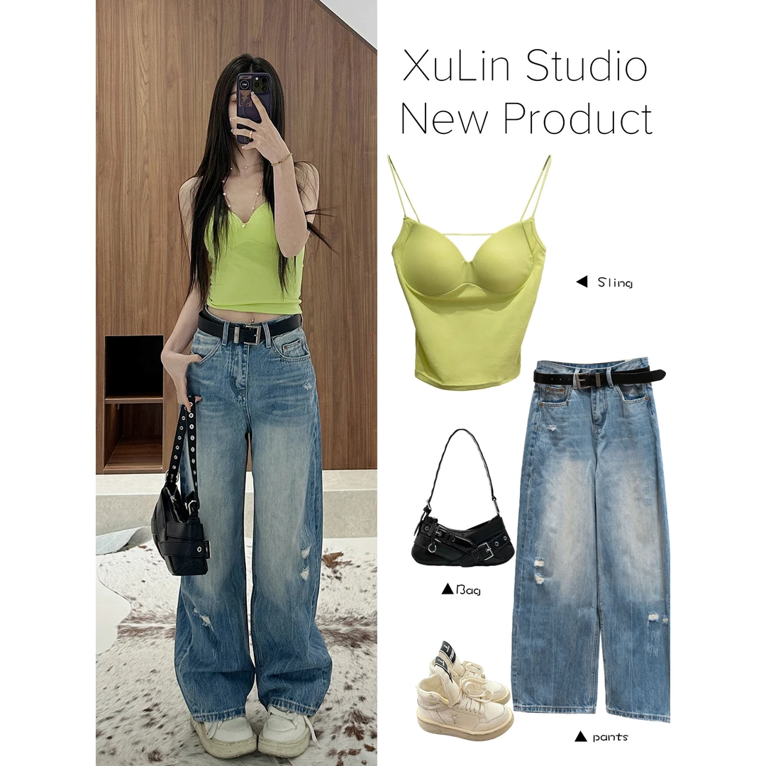 MINI STUDIO徐琳 街头复古做旧款直筒阔腿破洞牛仔裤x250041