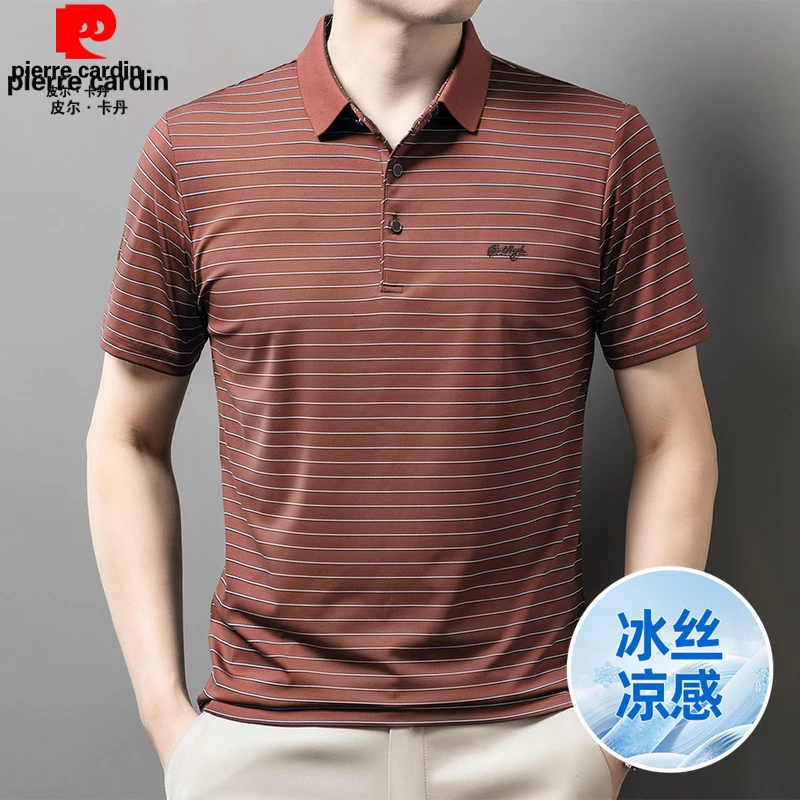 男士薄款冰丝夏季休闲短袖T恤爸爸装新款POLO衫翻领凉感透气条纹