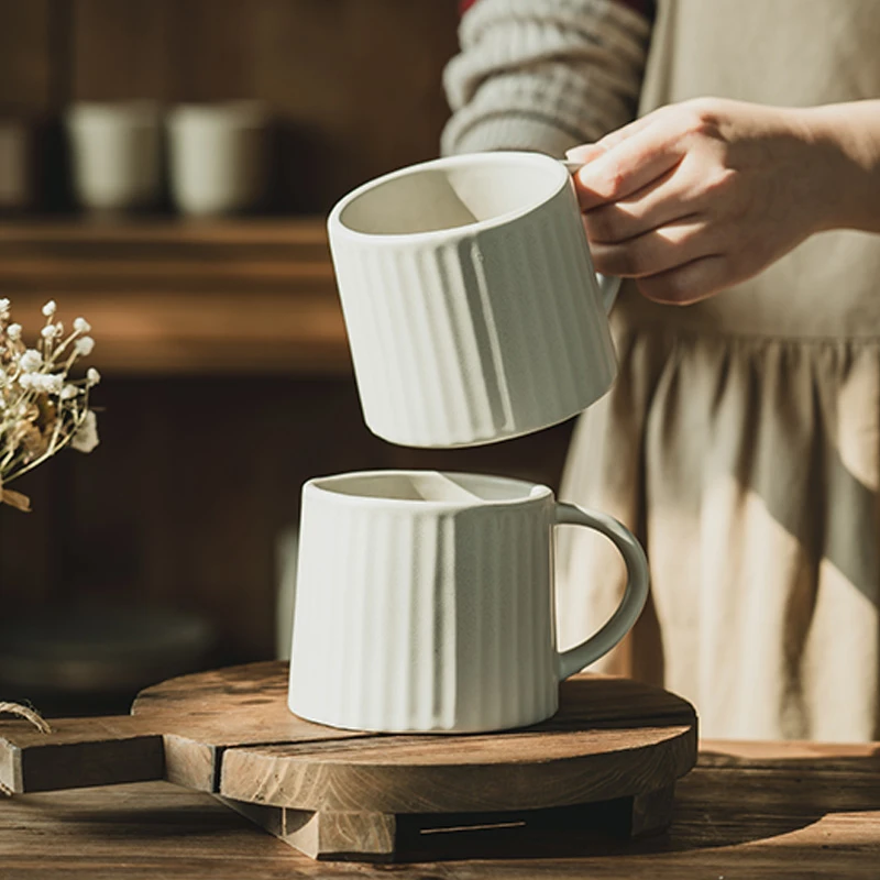 纯色竖纹马克杯大容量陶瓷杯子哑光家用早餐杯复古水杯茶杯咖啡杯