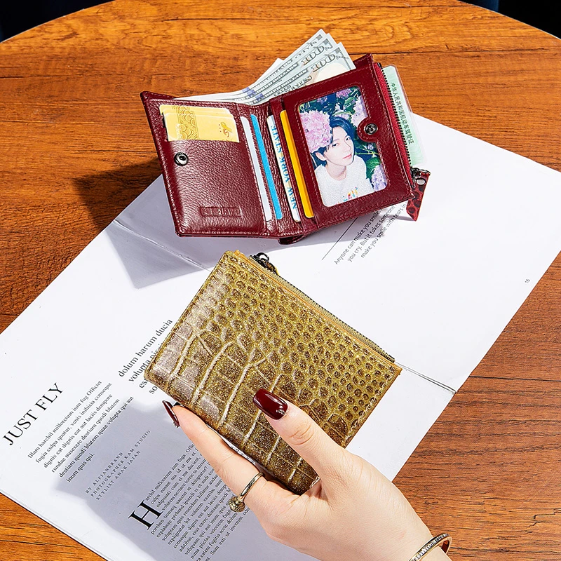 超薄通用时尚闪闪真皮大钞夹零钱包高档鳄鱼纹牛皮短款两折小钱包