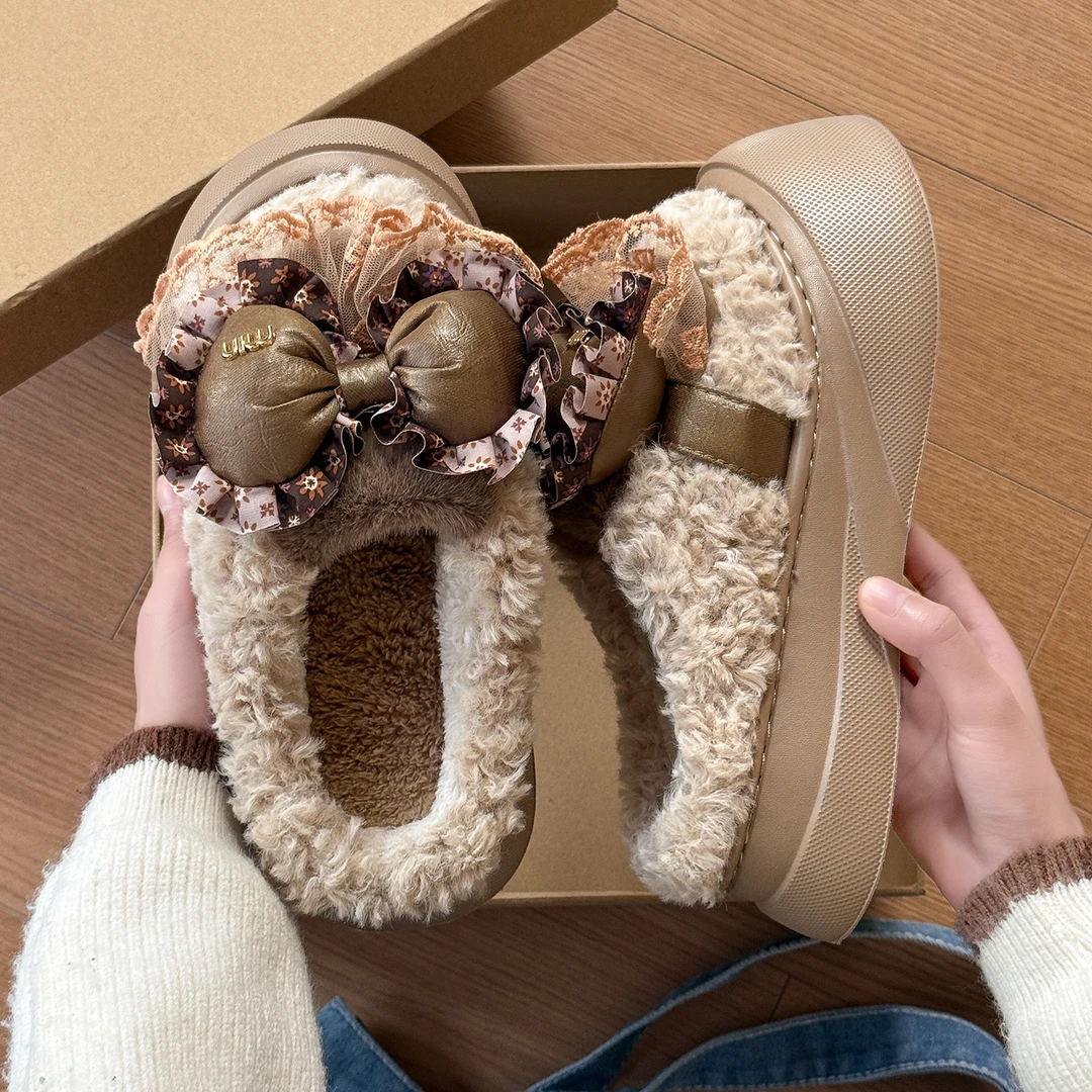 FZT可爱蝴蝶结棉拖鞋女款秋冬季外穿防滑毛绒保暖时尚百搭棉拖鞋
