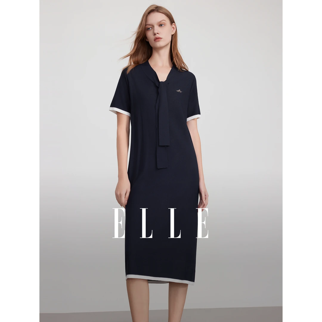 ELLE藏青色飘带领短袖连衣裙女2025秋新款设计感通勤裙子EL51991