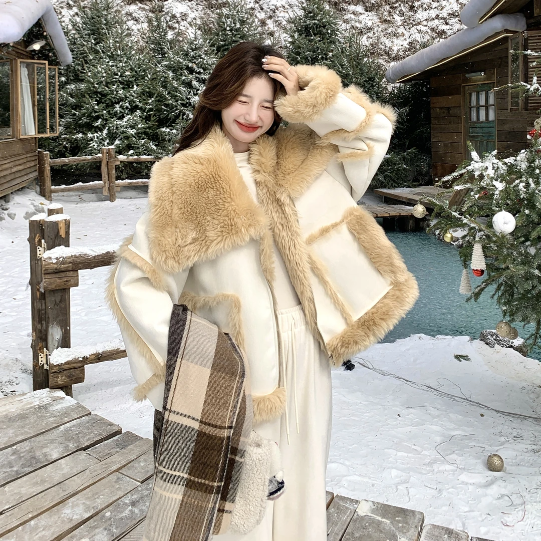 韩系宽松皮毛一体棉服外套女2025冬新款设计感洋气超好看加绒棉袄