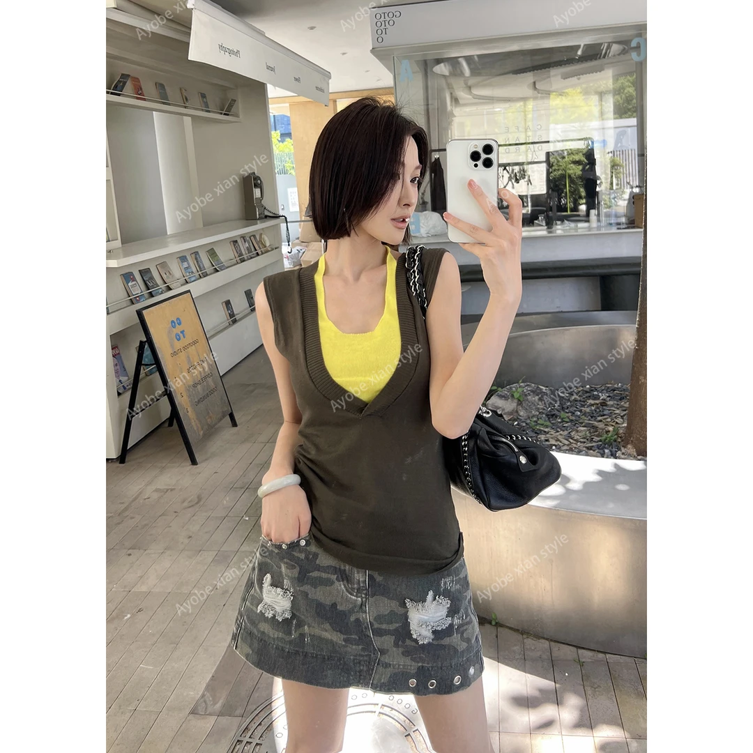 AYOBE小贤/熔岩蛋糕 辣妹工装迷彩破洞做旧短裙性感辣妹包臀裙裤