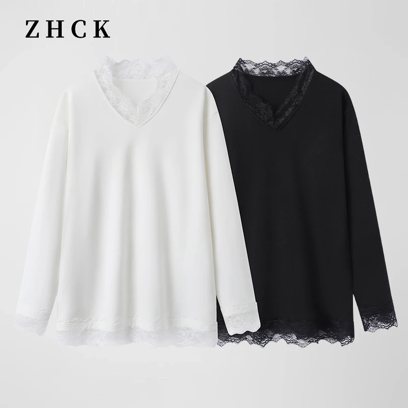 ZHCK蕾丝V领花边宽松显瘦上衣2024秋冬新款气质百搭磨毛打底衫