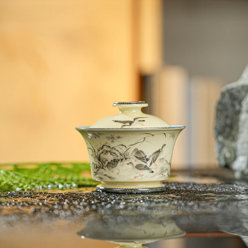 【陶瓷研究院合作品牌】宝蕴阁芦苇大雁盖碗纯手工手绘家用byg63