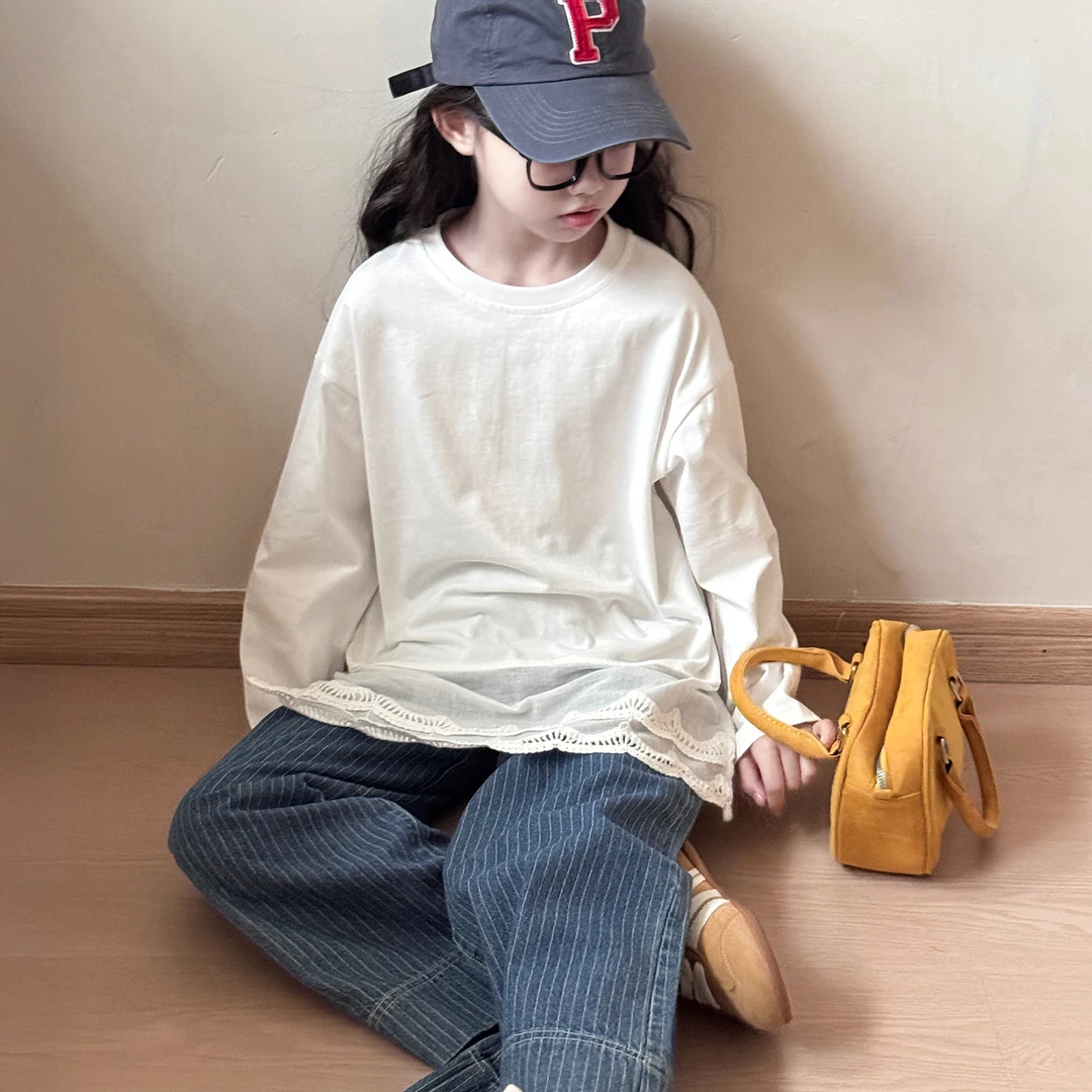 甜美白色女童T恤2025新款女孩超好看长袖打底衫儿童冬装内搭上衣9