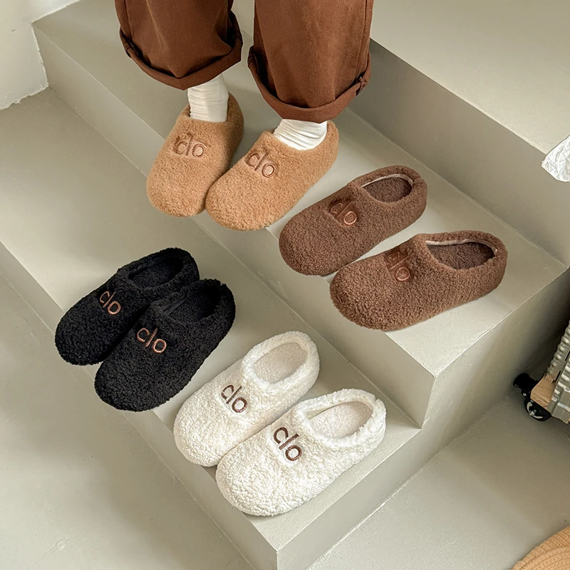 复古港风网红爆款字母加绒保暖包头半拖鞋女秋冬新款不累脚棉拖鞋