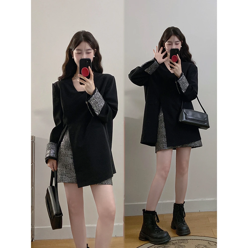 【小曹大码】秋季气质V领开叉上衣拼接亮片半身裙两件套-MFDM8547