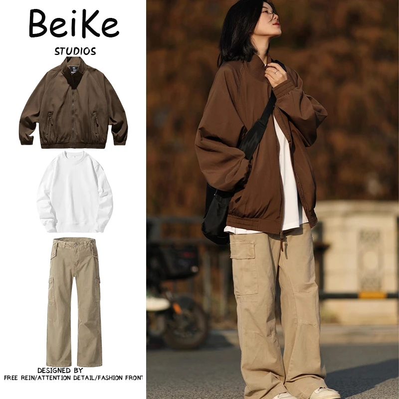 三件装/日系拉链开衫夹克外套男女学院风春秋季薄款立领纯色上衣