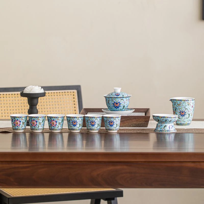 珐琅彩功夫茶具礼盒套装泡茶碗宫廷风盖碗茶杯轻奢高档家用商务礼