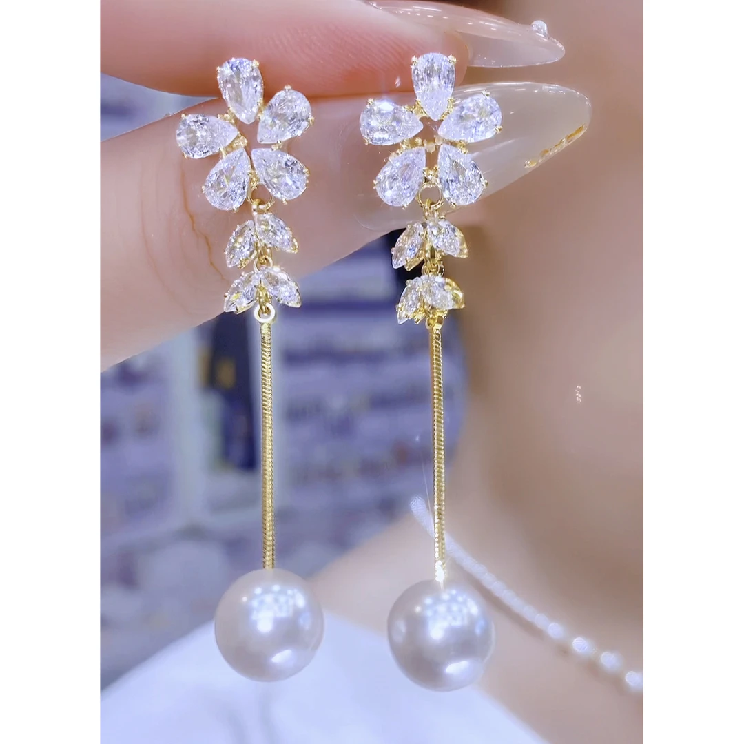 铜合金合成锆石耳饰 百搭法式轻奢气质优雅超仙花朵麦穗珠珠耳环