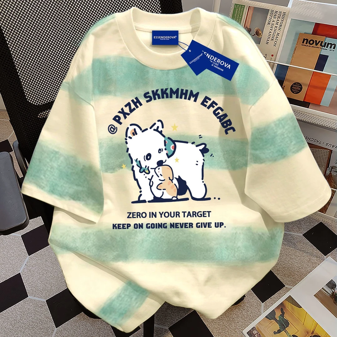 100%纯棉休闲扎染渐变条纹短袖t恤夏季爆款条纹圆领男女上衣可爱