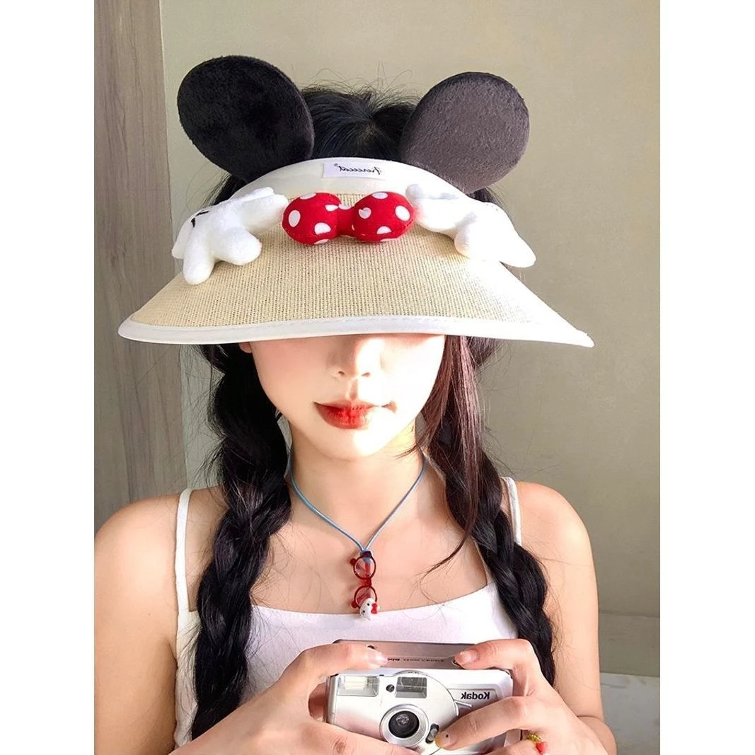 【爱宝】蝴蝶结小老鼠耳朵防晒帽女夏季防紫外线遮阳帽太阳帽子