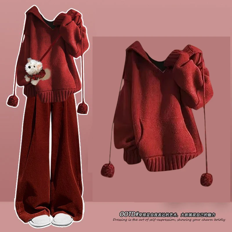 新年春秋穿搭大童套装秋冬款针织毛衣初中高中生学生女12-15-18岁