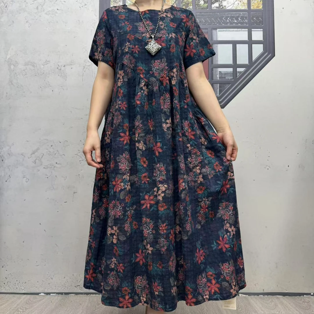 8675藏青小红花裙子休闲波普印花连衣裙碎花吸汗优雅