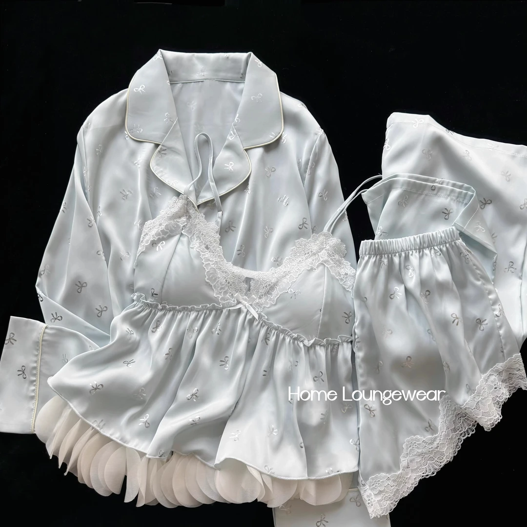 冰雪丝吊带短裤睡衣女春秋夏季性感带胸垫甜美蕾丝长袖家居服套装