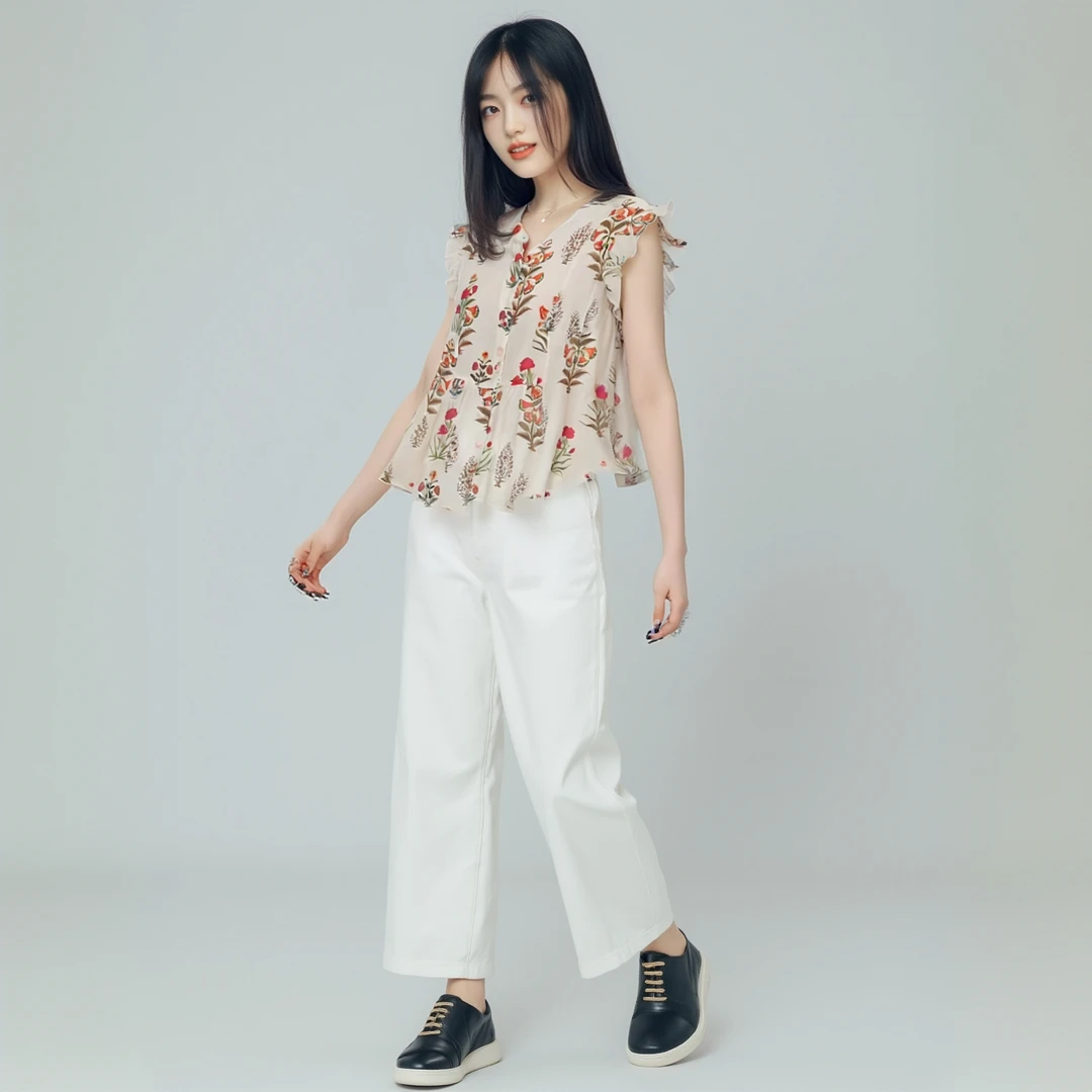 热带雨林2025夏法式印花度假宽松木耳边上衣C5636