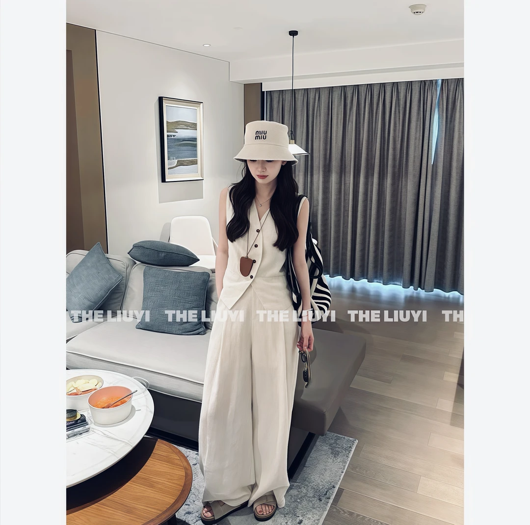 亚麻老钱风套装女v领无袖马甲背心夏阔腿裤两件套