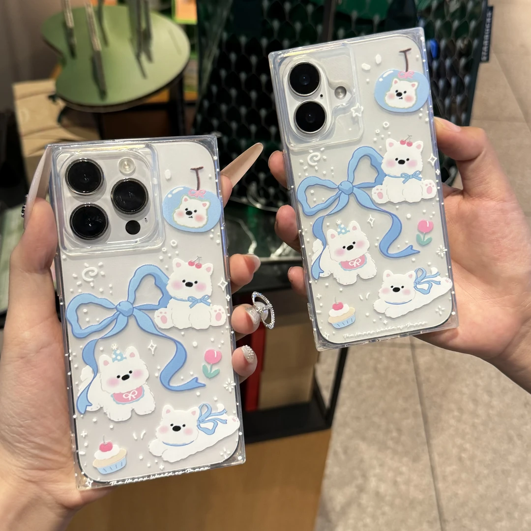 卡通狗狗蝴蝶结方块壳适用苹果16pro/15promax手机壳iPhone14防13