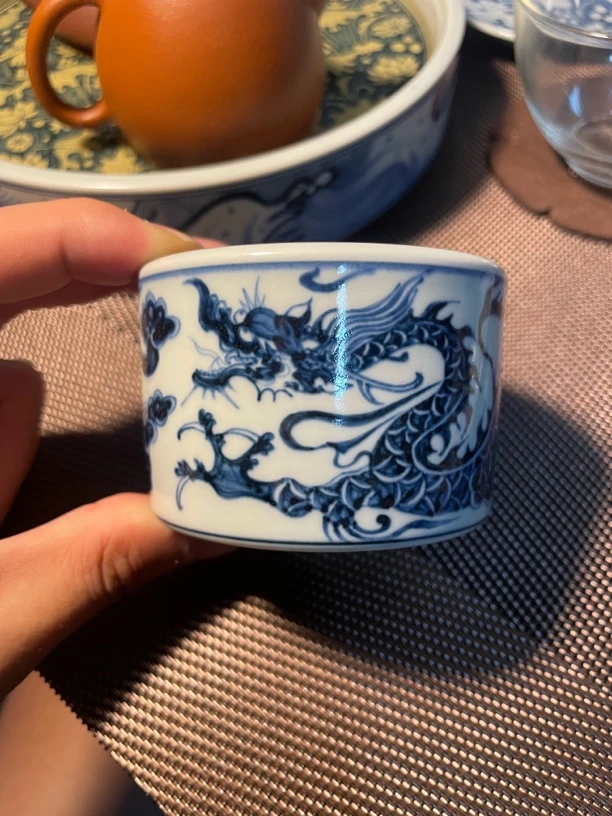 景德镇元青花铠甲龙车轮杯100cc纯手工手绘茶杯主人杯