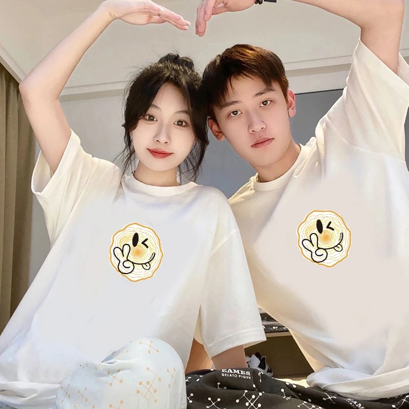 复古潮牌情侣装流行百搭笑脸印花t恤短袖男女纯棉宽松百搭上衣ins