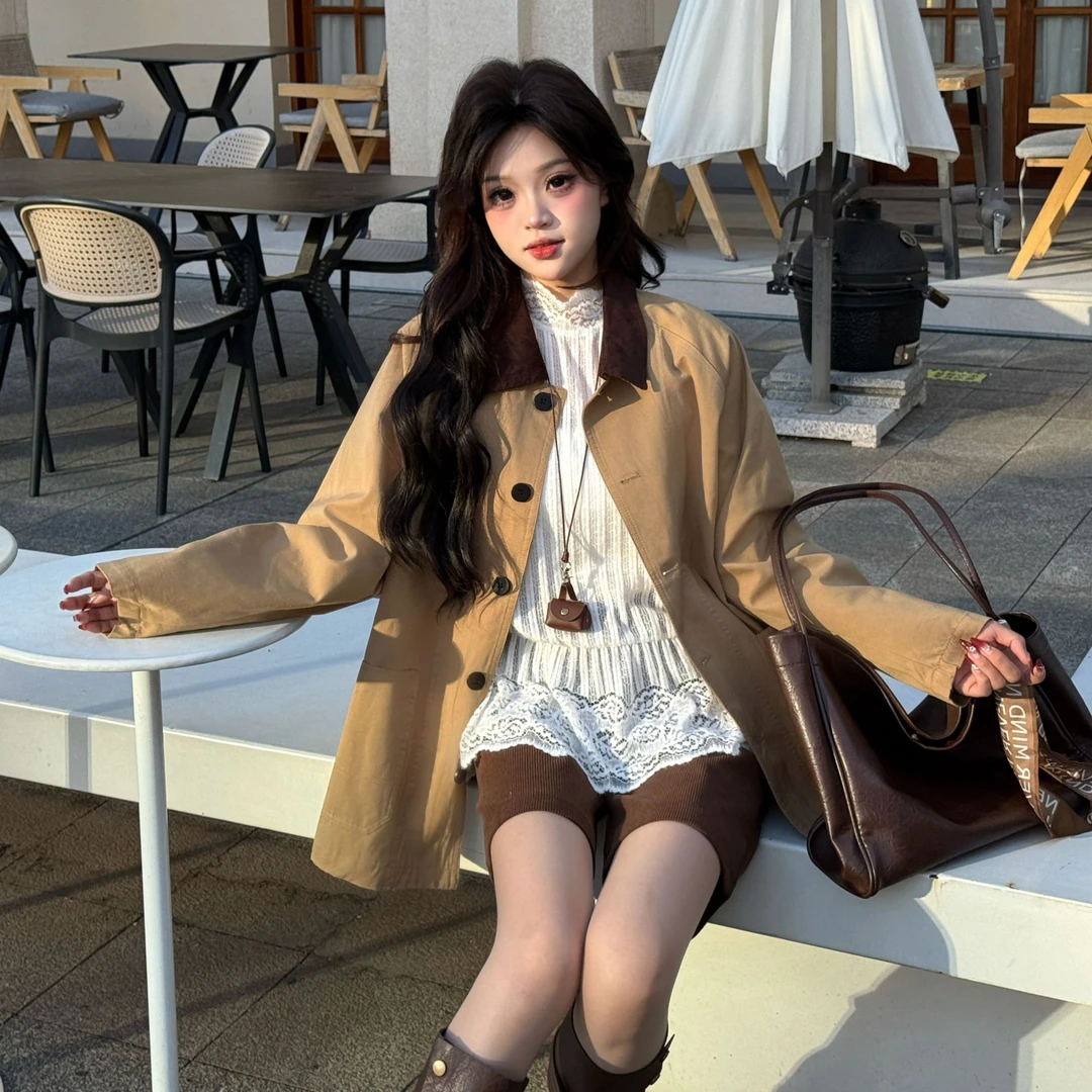 【蔡小姐】2025复古拼色女极简风长袖秋季常规款风衣学院风百搭风