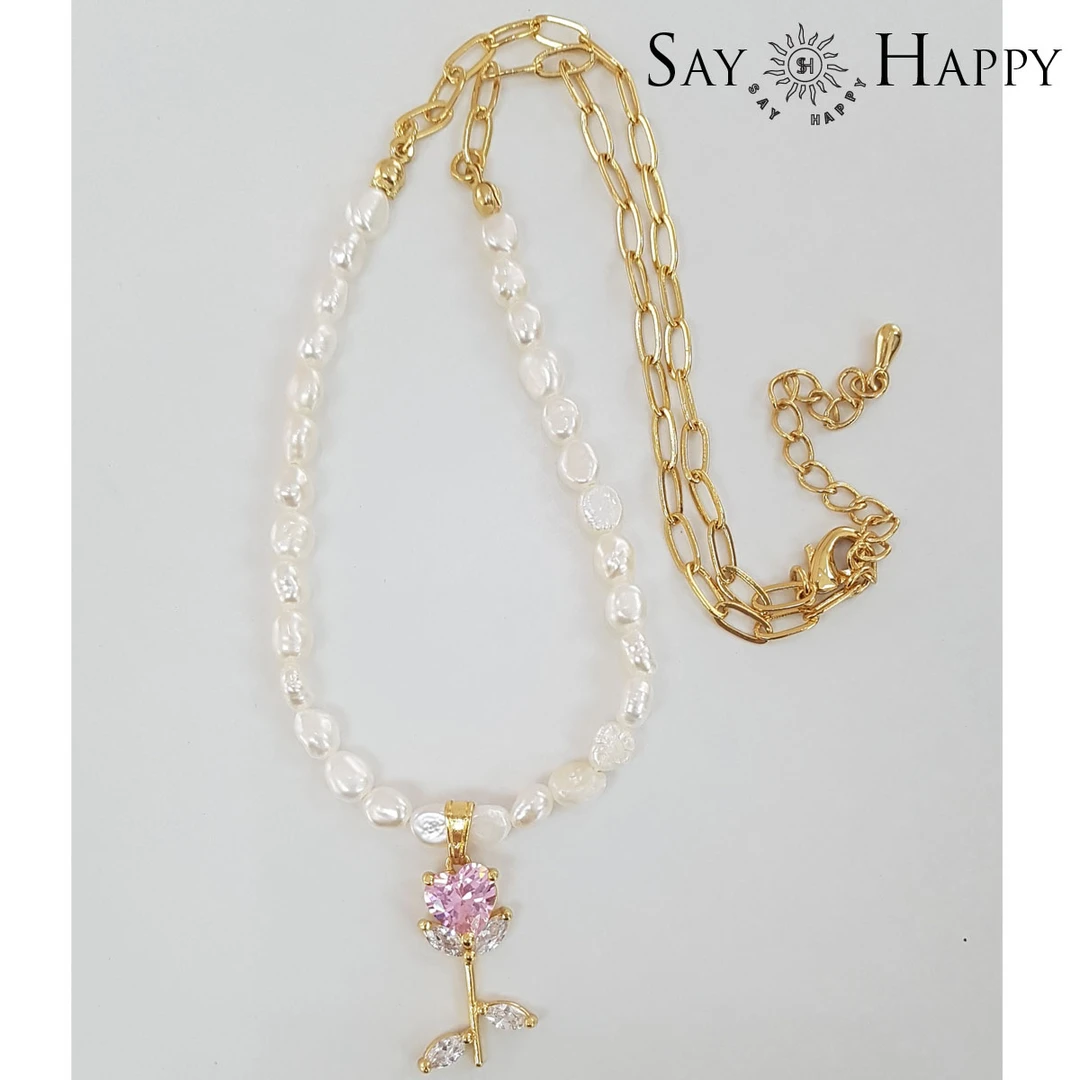 铜合金仿珍珠项链 SAY HAPPY韩国风秋冬新款粉色锆石珍珠项链