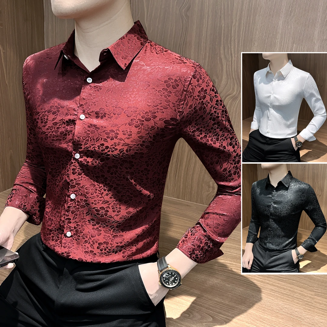 花衬衫男款长袖春秋网红潮款痞帅高级感男装韩版修身碎花男士衬衣