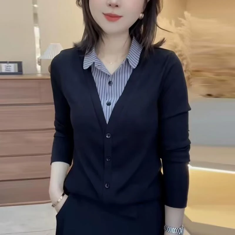 拼接衬衫领妈妈装2025年早春新款时尚显瘦假两件螺纹女上衣潮流新