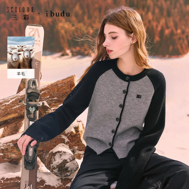 三彩ibudu2025冬季新款圆领针织衫插肩袖毛衫宽松开衫休闲女