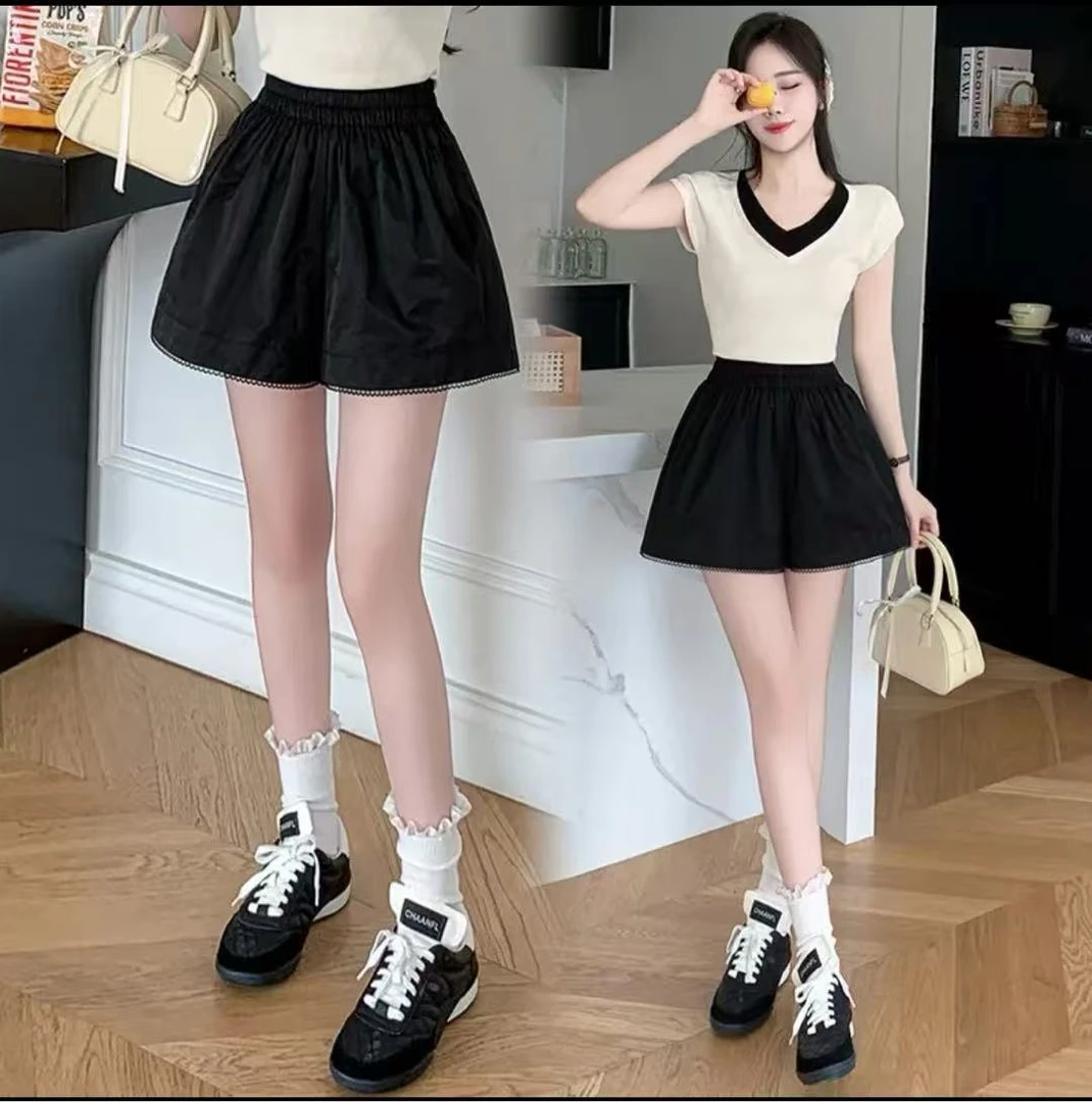 【墨臻】夏季气质三分裤简约拼接显瘦设计感休闲高腰短裤 2539