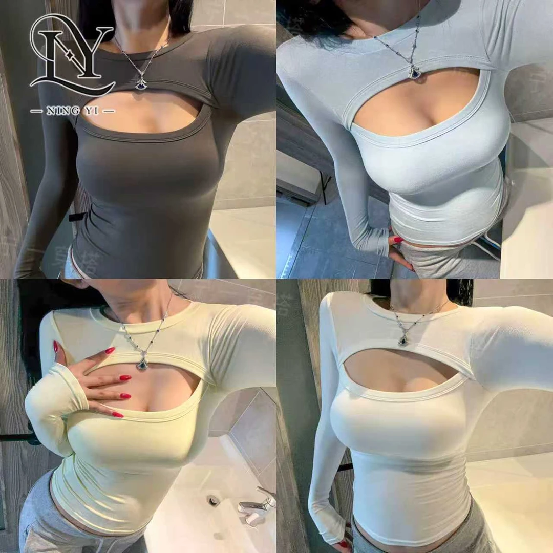 A0028秋季露背性感T恤长袖女修身显瘦辣妹风上衣宁一带胸垫打底衫