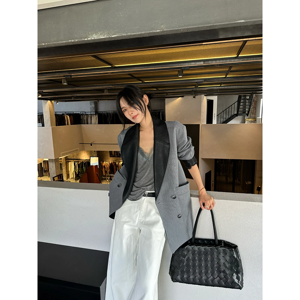 JCCC影子【皮革阔西】灰色斜纹肌理感拼皮廓形西装外套JE5ASW12