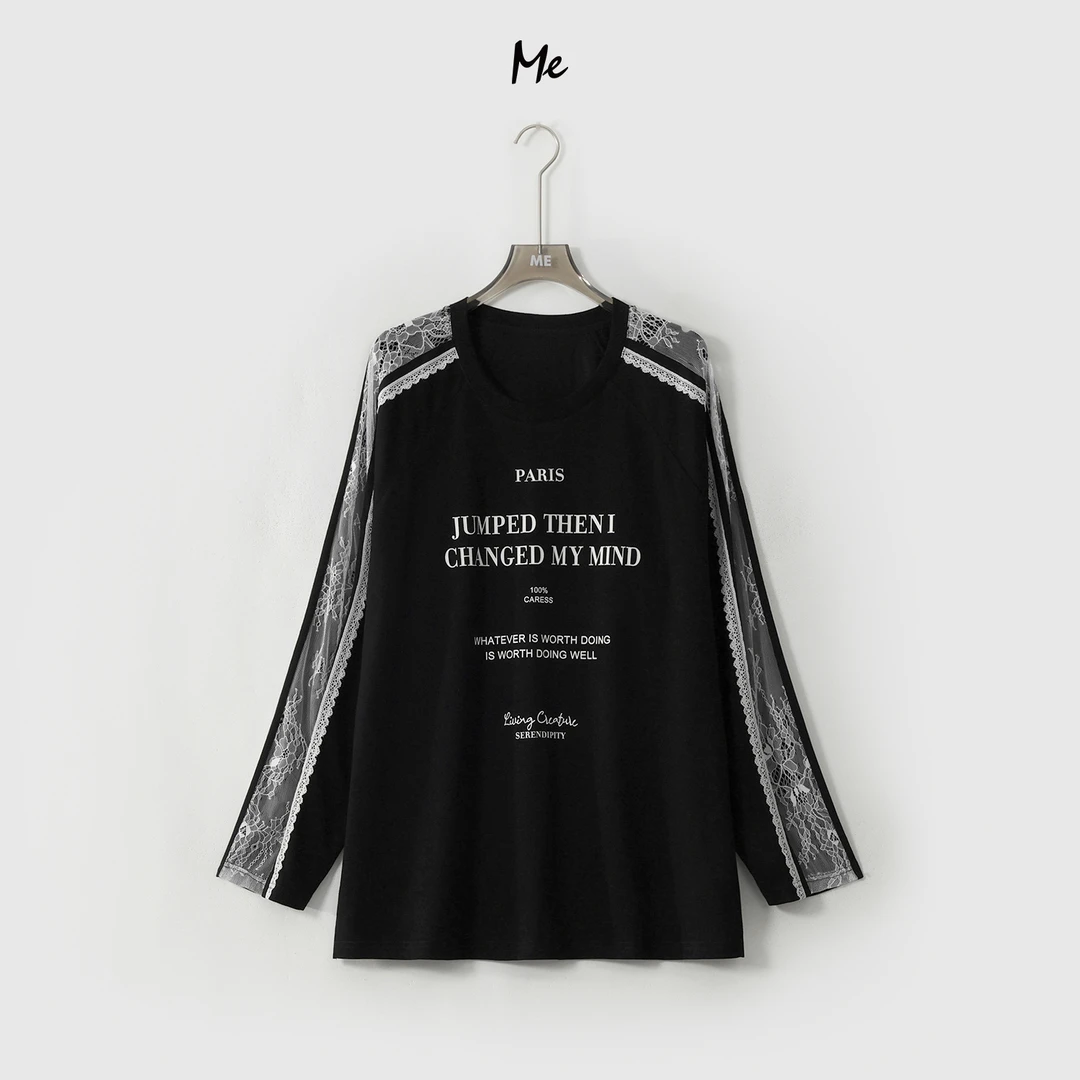 ME【巴黎辣妹】蕾丝拼接透气显瘦时尚百搭一手长T恤上衣MESS5790