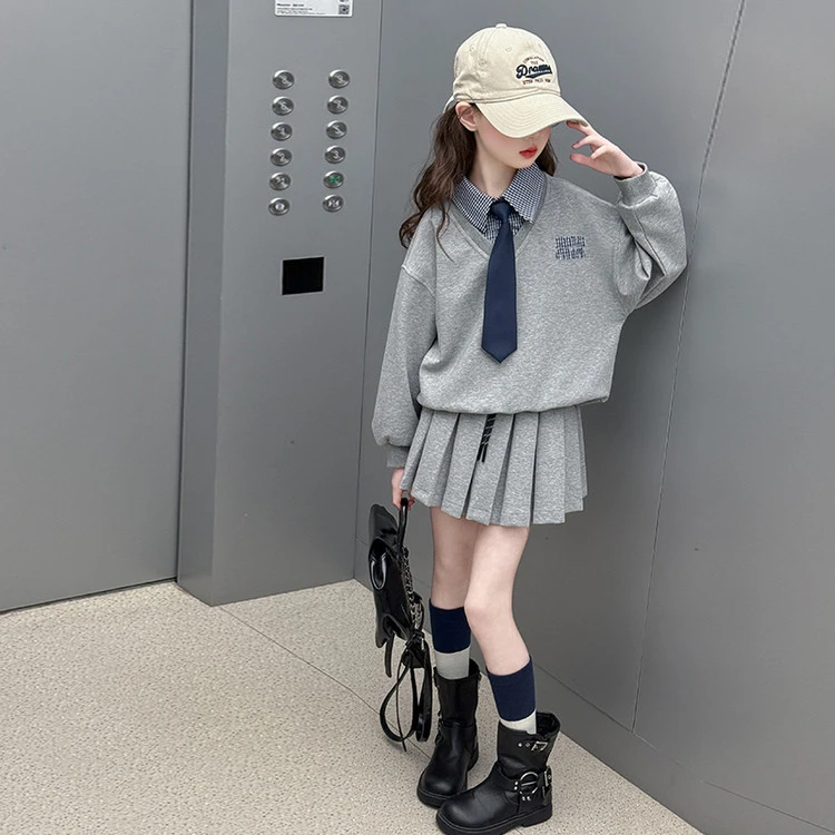 女童2025春季新款6-12岁15岁学院风假两件卫衣百褶裙洋气短裙套装