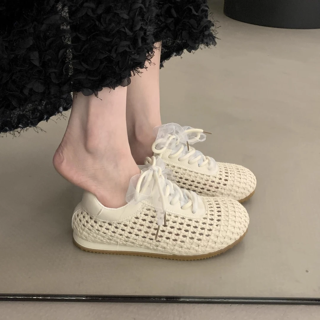 小白鞋女款2025夏季新款透气编织渔网小众设计时尚芭蕾舞德训鞋子