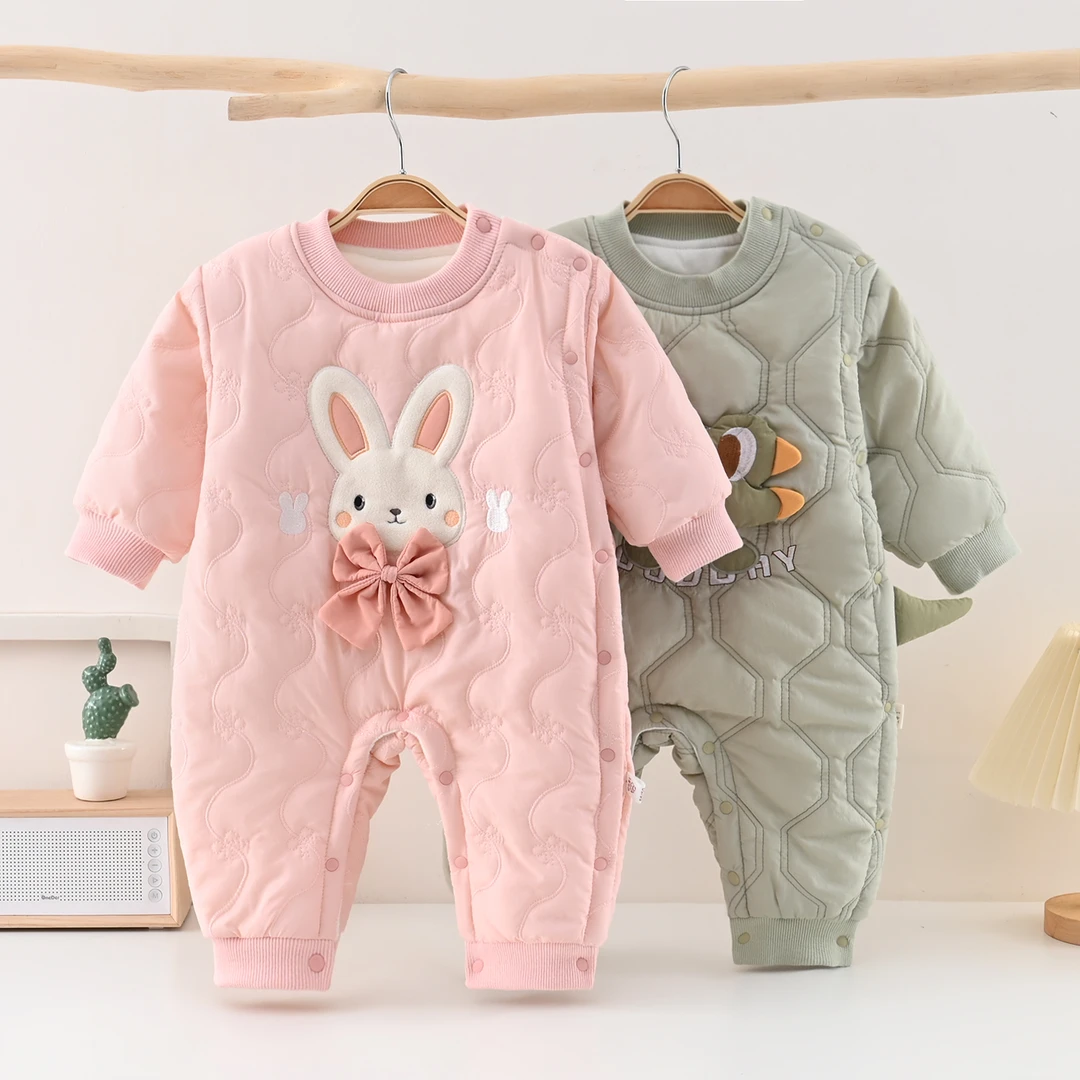 婴幼儿男女宝宝可爱卡通秋冬棉服加绒加厚连体衣爬爬服新品保暖