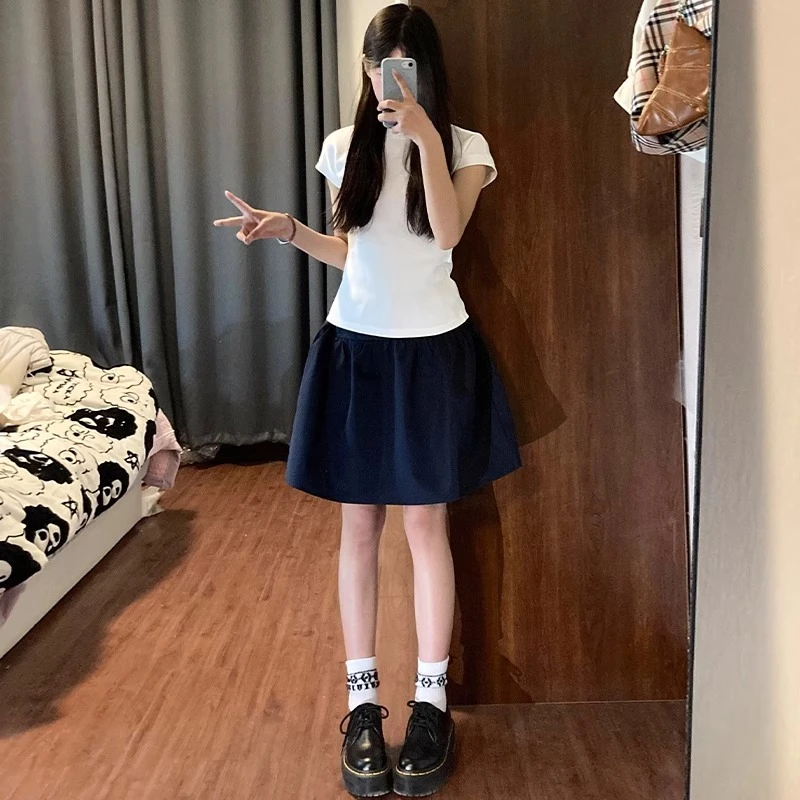 藏青色半身裙女夏季薄款2025新款高腰a字伞裙日系学院风工装短裙