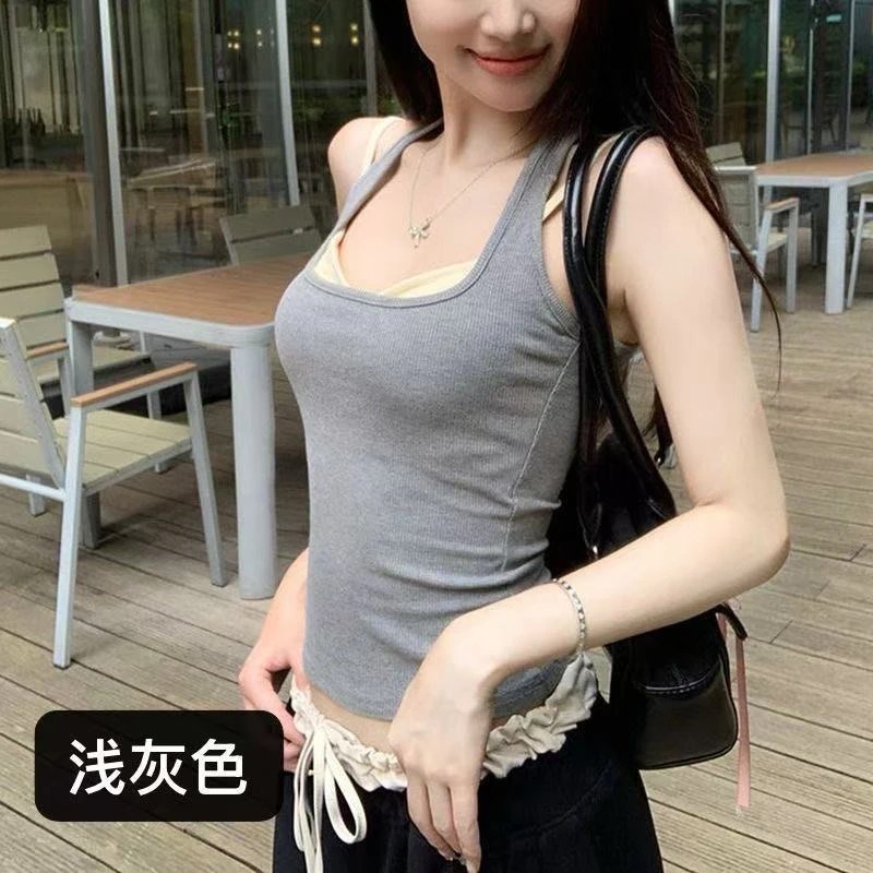 纯棉少女风甜辣妹U领挂脖吊带背心女夏修身性感内搭露背美背上衣