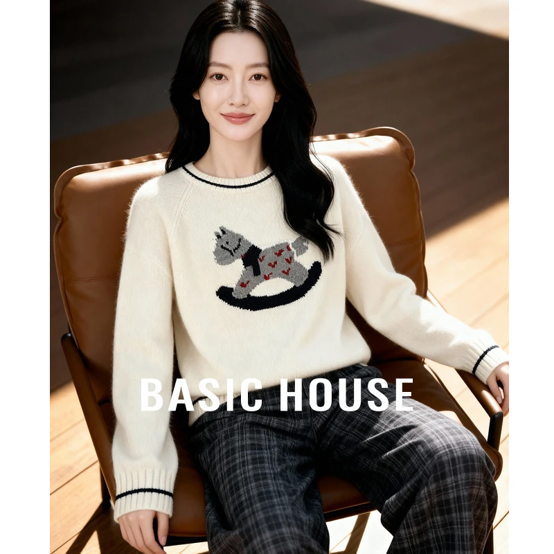 Basic House/百家好小马提花毛衣女秋慵懒风宽松百搭圆领套头上衣