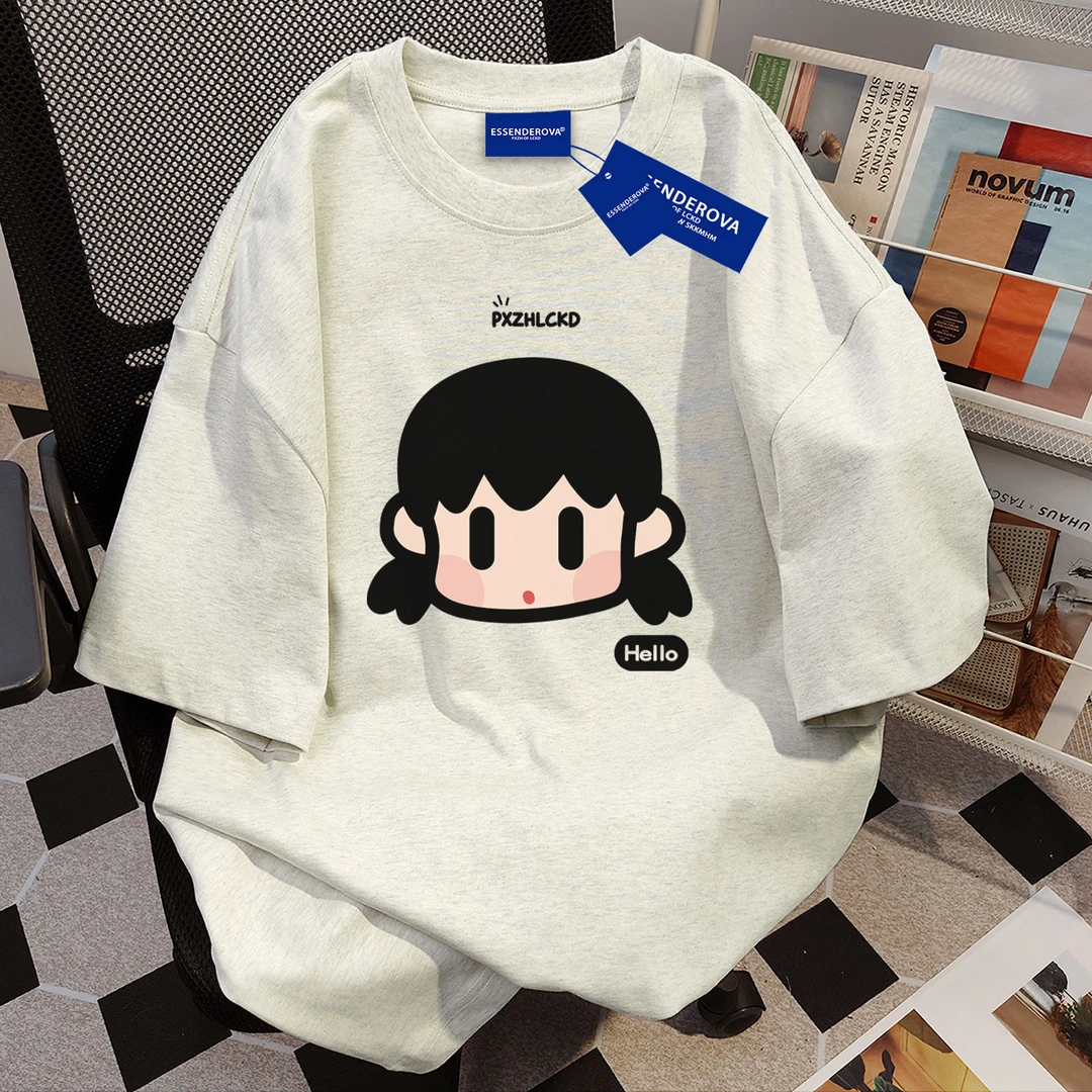 100%纯棉卡通设计感人物印花短袖女短袖潮牌t恤夏季百搭宽松上衣